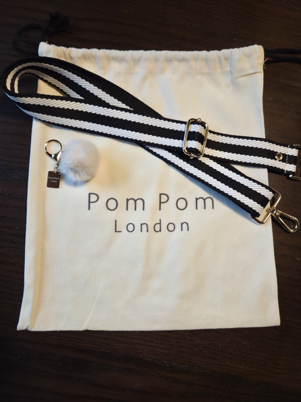 Pom Pom London Black Woven Stripe Bag Strap Dust Bag & Pom Pom Charm Bundle